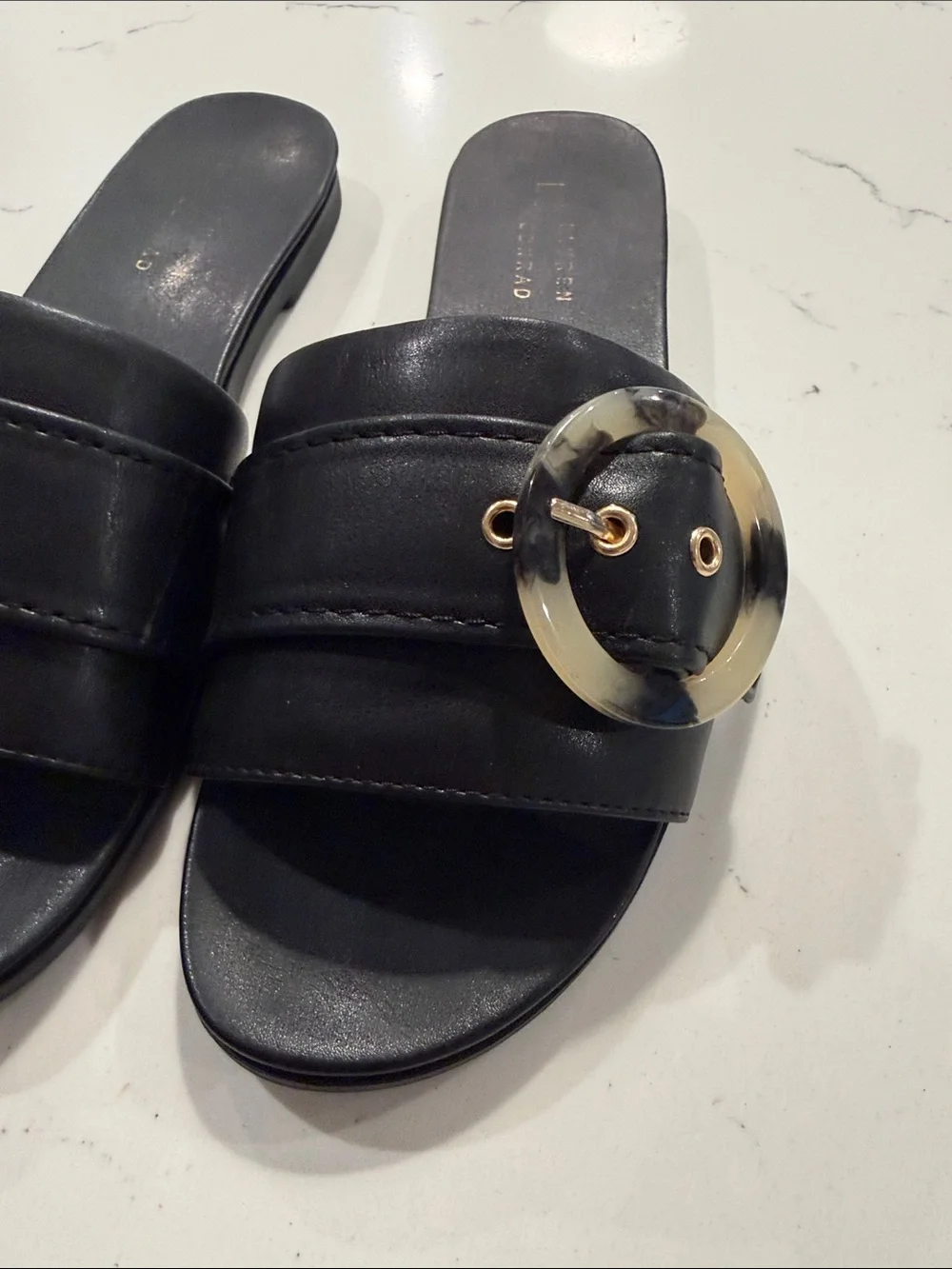 LC Lauren Conrad Henna Black Slide Sandals, Tortoiseshell Circle Buckle. Size 9.